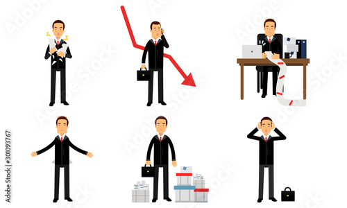 Desperate Businessman With Empty Pockets. Bankruptcy, Profit Reduction, Failure Contracts Vector Illustration Set Isolated On White Background