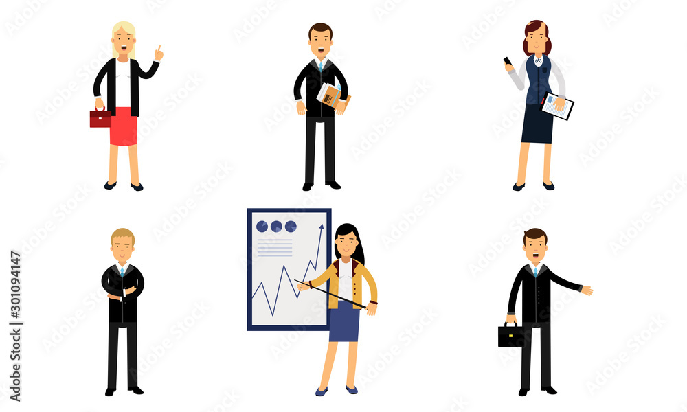 Characters Of Successful Businessmen And Businesswomen In Daily Work Vector Illustration Set Isolated On White Background