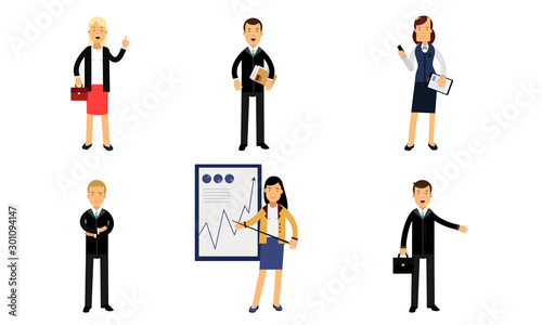 Characters Of Successful Businessmen And Businesswomen In Daily Work Vector Illustration Set Isolated On White Background