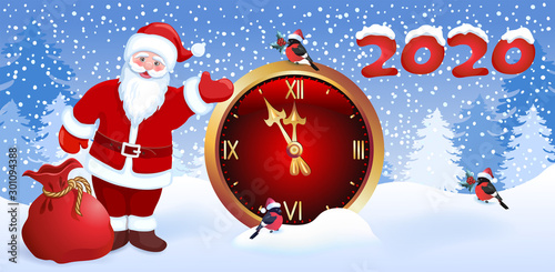 Santa Claus with Christmas gift bag and   bullfinch shows his hand on chimes clock and inscription 2020. New Years winter landscape with forest firs.