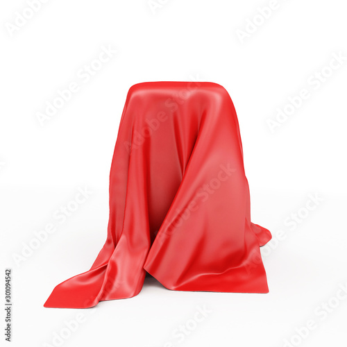 Empty Stand Covered with Red Cloth Fabric isolated on white background. 3D rendering
