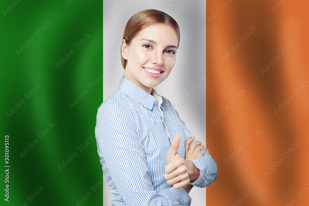 Love Ireland concept. Happy cute woman with Irish flag Love Ireland concept. Happy cute woman with Irish flag