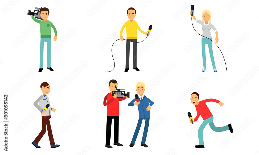 Reporters And Operators Filming The News Release With Microphones And Cameras Vector Illustration Set Isolated On White Background