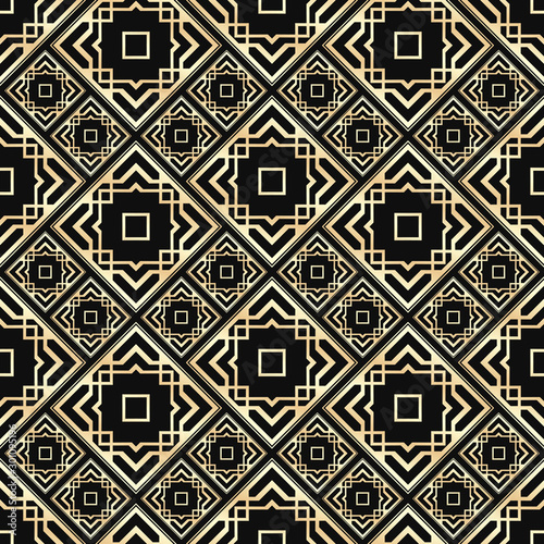 Seamless pattern in Art Deco style. Black and golden tilework. Diamond tiles. Luxury background.