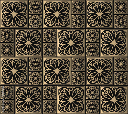 Seamless pattern oriental ornament. Black and golden textile print. Islamic vector design. Floral tiles.