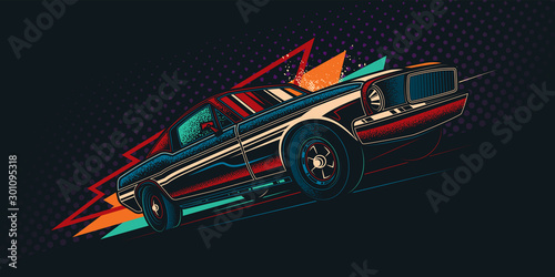 Original vector retro print car on abstract background rides on road. The American muscle car. T-shirt design