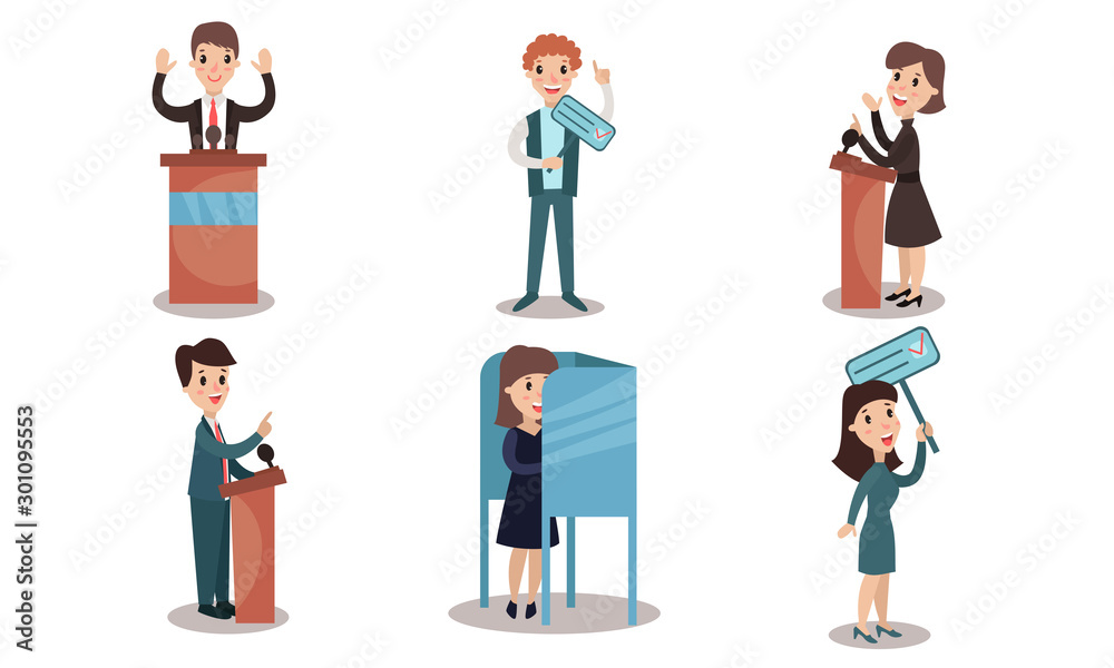 Political Election Campaign. Candidates Make A Speech Vector Illustration Set Isolated On White Background Political Election Campaign. Candidates Make A Speech Vector Illustration Set Isolated On White Background