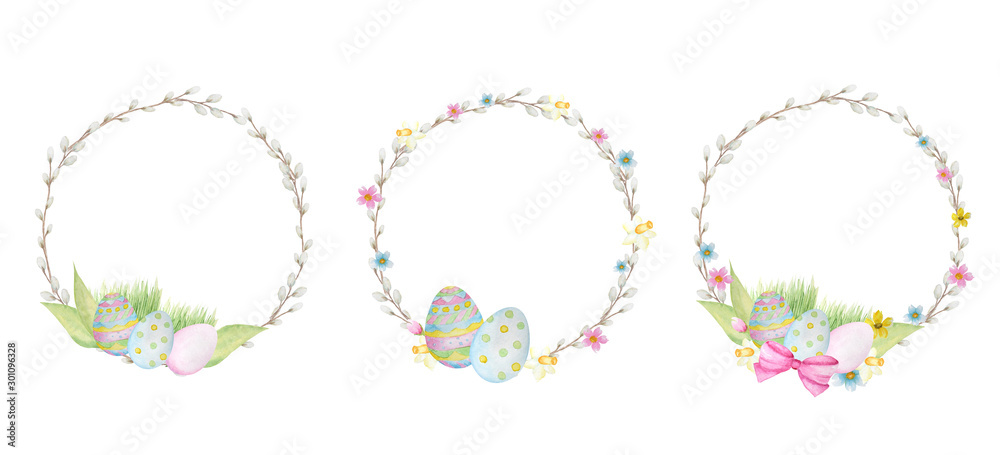 Watercolor Easter wreath Set, isolated on white background. Decorative elements for cards design, banners, invitations. Hand painted Round frame with pussy willow branch, spring flowers, colored eggs