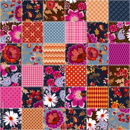 Festive seamless patchwork pattern with flowers and geometric ornaments. Quilting design. Blanket, pillowcase, wrapping design, square carpet.