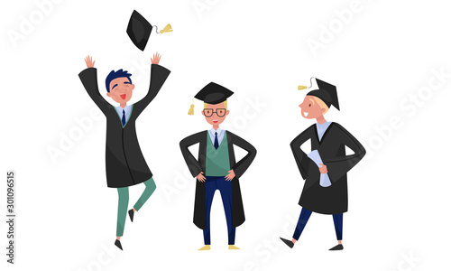 Happy Graduate Guys In Academic Clothes Vector Illustration Set Isolated On White Background
