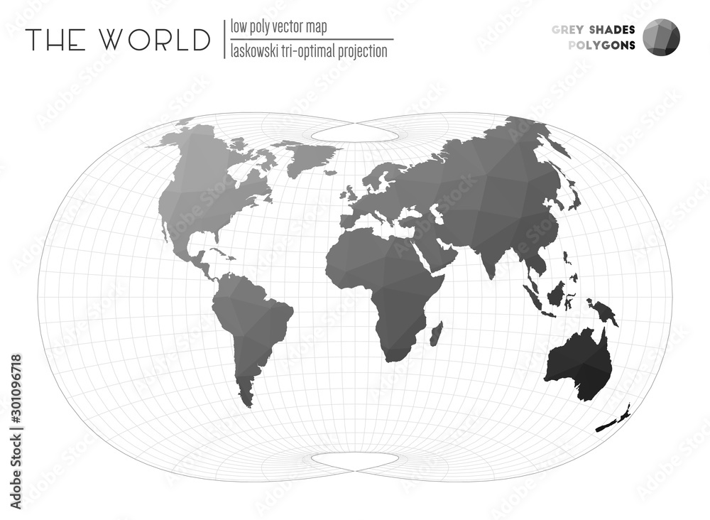 World map in polygonal style. Laskowski tri-optimal projection of the world. Grey shades colored polygons. Energetic vector illustration. World map in polygonal style. Laskowski tri-optimal projection of the world. Grey shades colored polygons. Energetic vector illustration.
