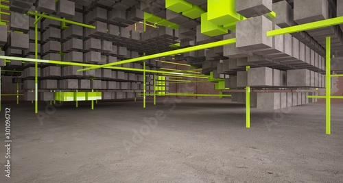 Abstract architectural concrete and rusted metal interior of cubes . 3D illustration and rendering.