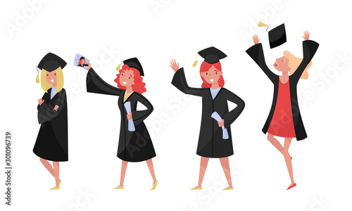 Girls Celebrating The Receiving Or Conferring Of An Academic Degree Or Diploma Vector Illustration Set Isolated On White Background