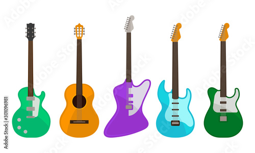 Five Colorful Guitars Electric And Acoustic Vector Illustration