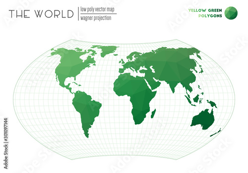 Vector map of the world. Wagner projection of the world. Yellow Green colored polygons. Beautiful vector illustration.