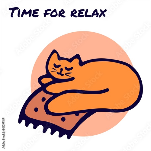 Hand drawn card. The cat that lies on the plaid. "Time for relax" phrase