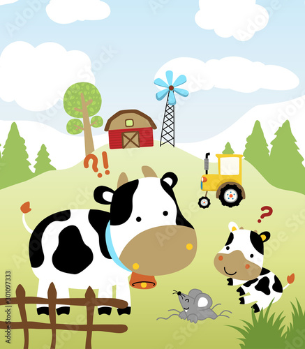 Farmfield with cute animals cartoon