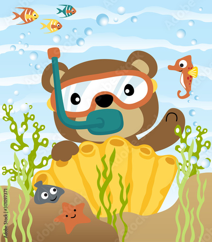diving with funny bear cartoon