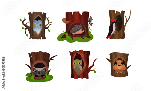Little Cute Animals And Birds In Tree Hollows In The Forest Vector Illustration Set Isolated On White Background