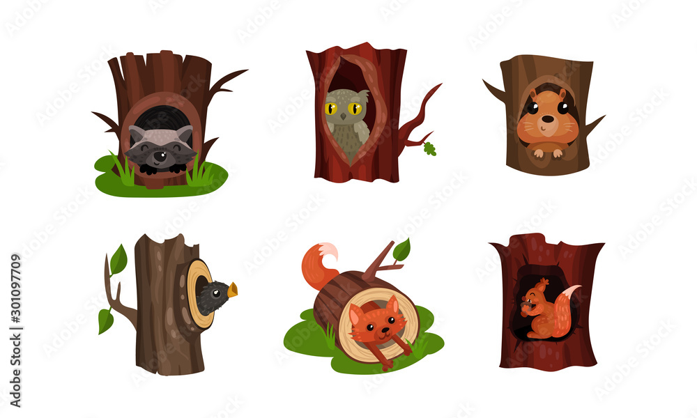 Fototapeta premium Adorable Little Birds And Animals Hidden In The Hollows Of Trees In A Park Or Forest Vector Illustration Set Isolated On White Background