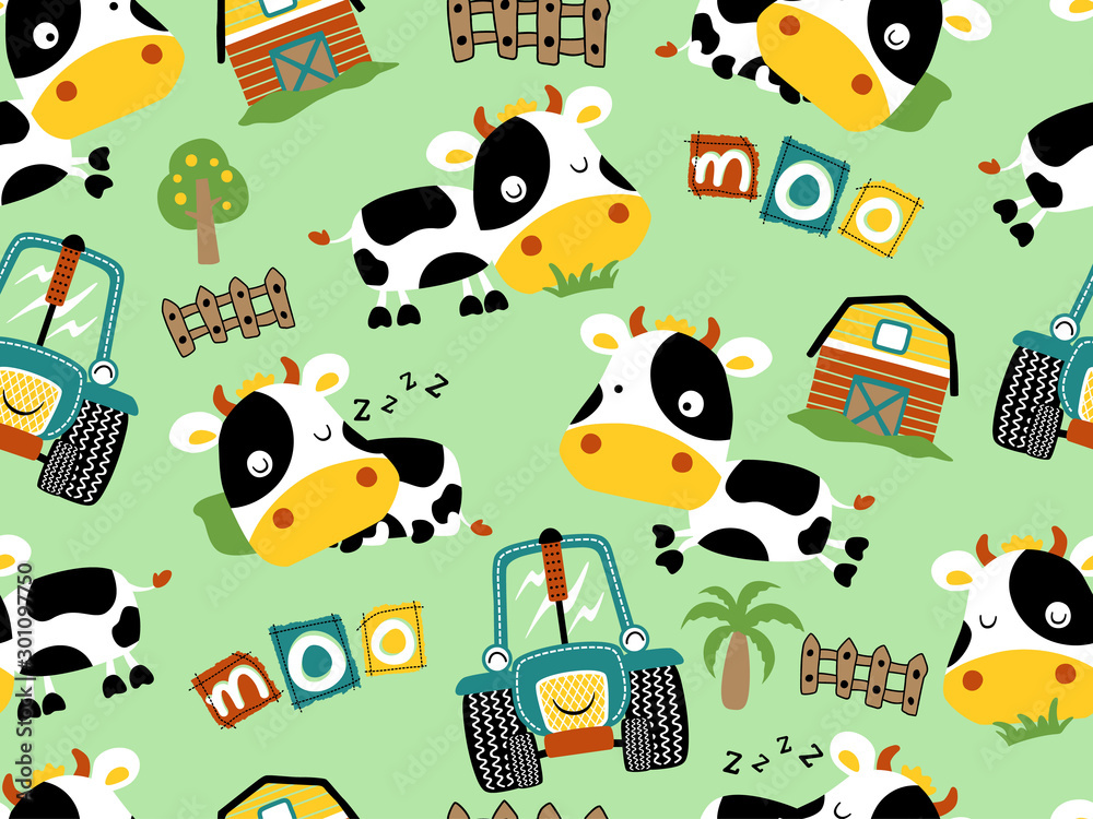 vector seamless pattern of funny cow in farm yard with cute tractor