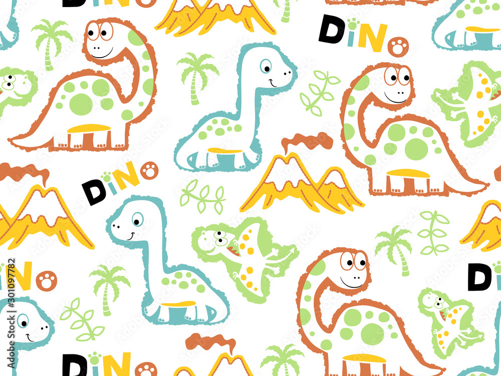 vector seamless pattern of dinosaurs cartoon, volcanoes, tree, leaves