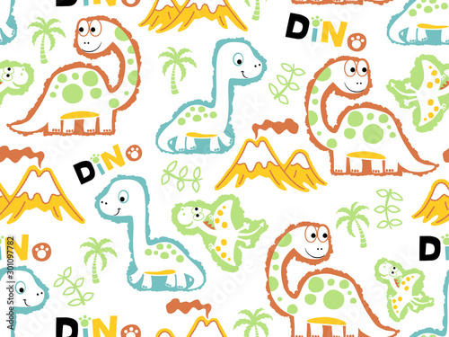 vector seamless pattern of dinosaurs cartoon, volcanoes, tree, leaves