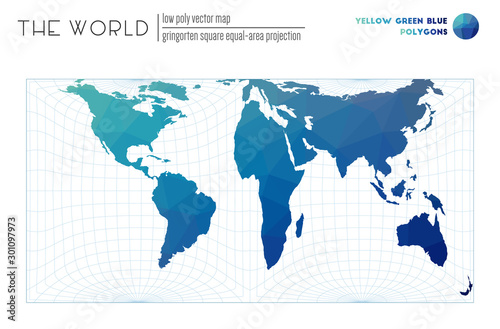Abstract geometric world map. Gringorten square equal-area projection of the world. Yellow Green Blue colored polygons. Trending vector illustration.