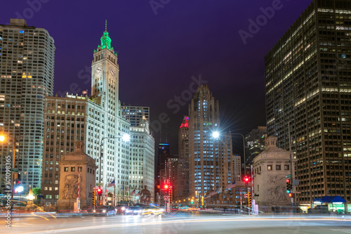 Chicago City skyline at night, Michigan Avenue, Chicago, Illinois, USA. © lucky-photo