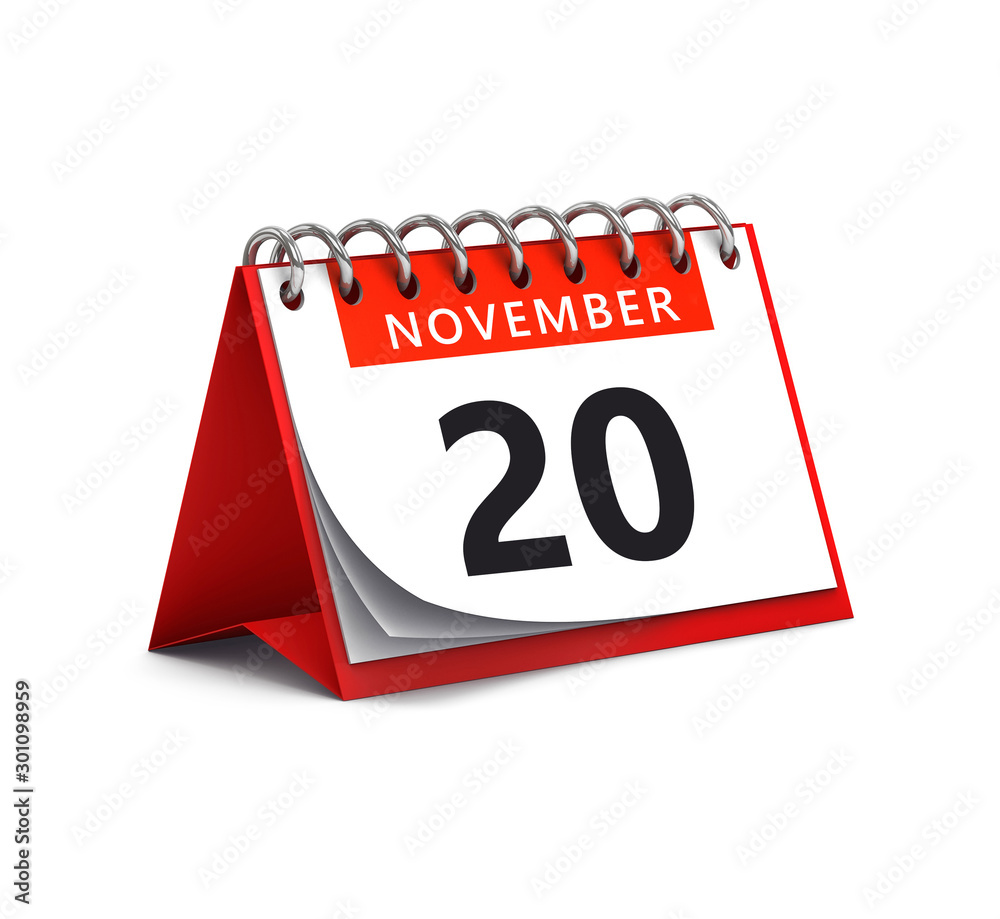 3D rendering of red desk paper november 20 date - calendar page 3D rendering of red desk paper november 20 date - calendar page