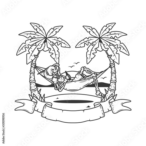 Original outline illustration of a skeleton on the beach lying in a hammock against the sea.