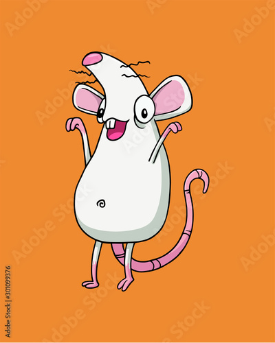 White albino happy rat or mouse staying on two feet and cheerfully raising arms. Vector Illustration isolated on flat orange background for kids book or for chinese new year of the rat. For children