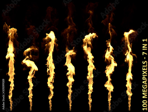 Dragon breath or flamethrower fire - 7 cute very high resolution isolated pictures on black background, large scale 3D illustration of objects
