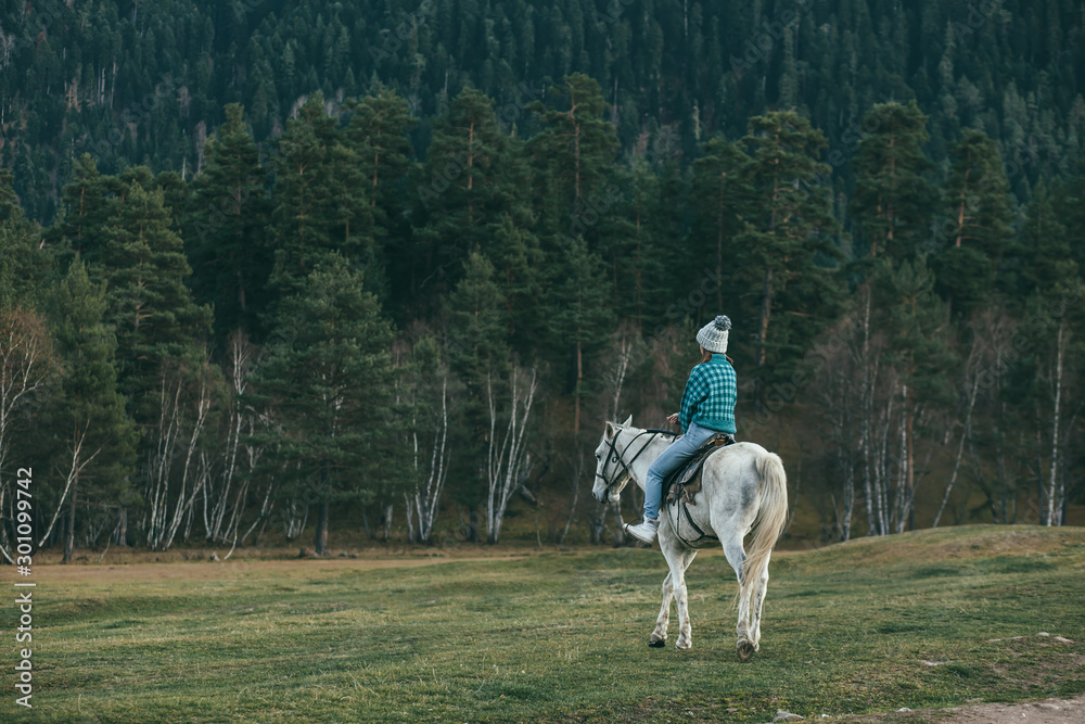 Teen girl riding a horse on meadow Teen girl riding a horse on meadow