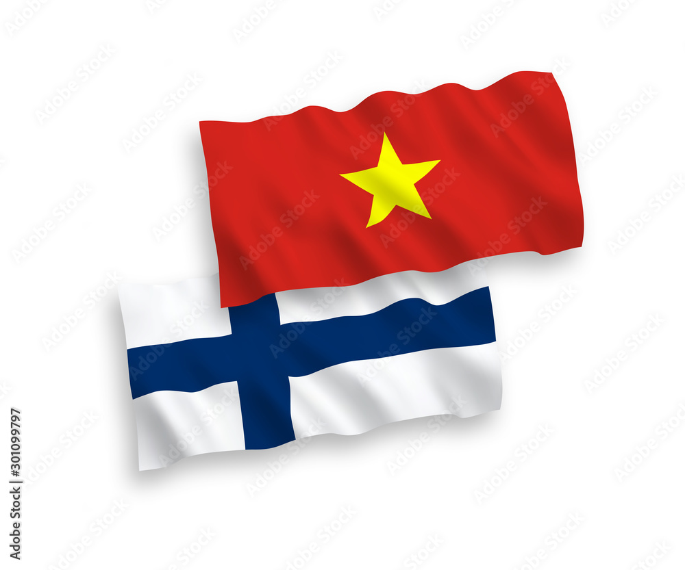 National vector fabric wave flags of Finland and Vietnam isolated on white background. 1 to 2 proportion.