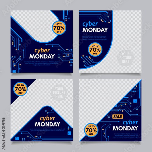 Cyber monday Microelectronics Circuits board instagram post template with photo space.