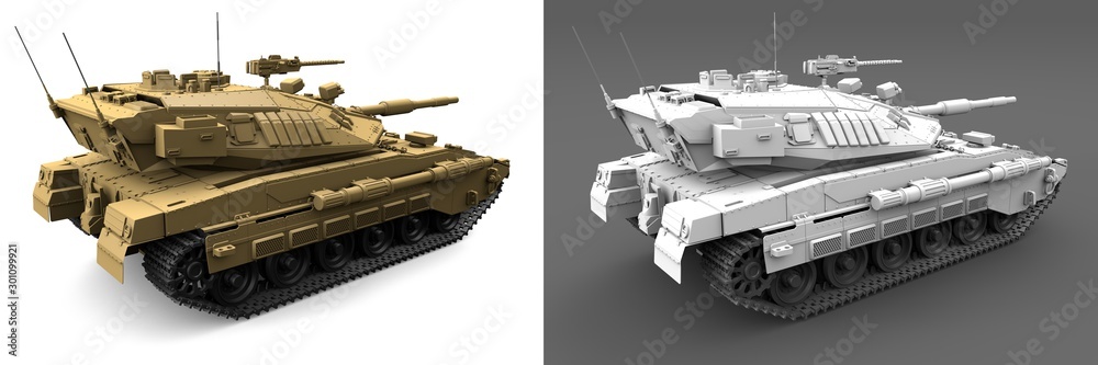 Military 3D Illustration of light grey and sand camouflage tanks with not real design, very high resolution isolated fire fight concept