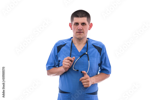 young doctor in blue uniform isolated on white background. medical concept