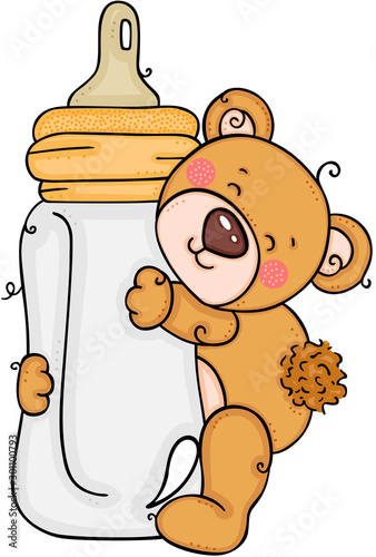 Teddy bear hugging a baby milk bottle