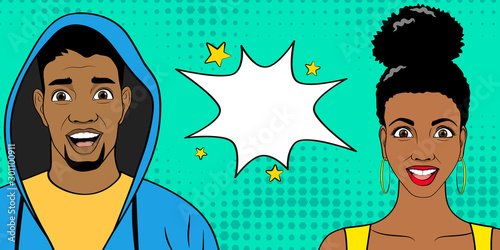 Template advertising poster in the style of pop art. African American people. Vector illustration