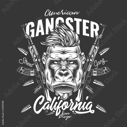 Original monochrome vector illustration. Angry gorilla hipster on the background of automatic weapons and bullets. T-shirt design.