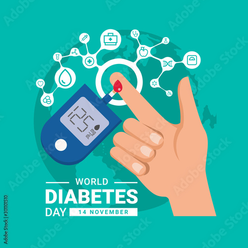 world diabetes day banner with hand blood are Glucose testing and circle icon medical are connect link on world background vector design