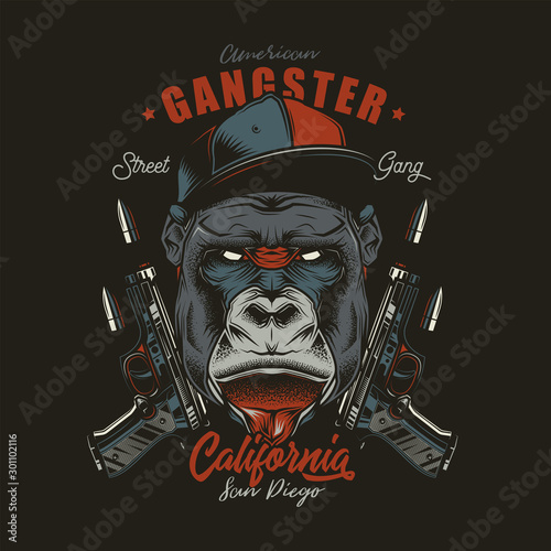 Original vector illustration in a retro style. Angry gorilla in a baseball cap, on the background of two guns. T-shirt or sticker design.