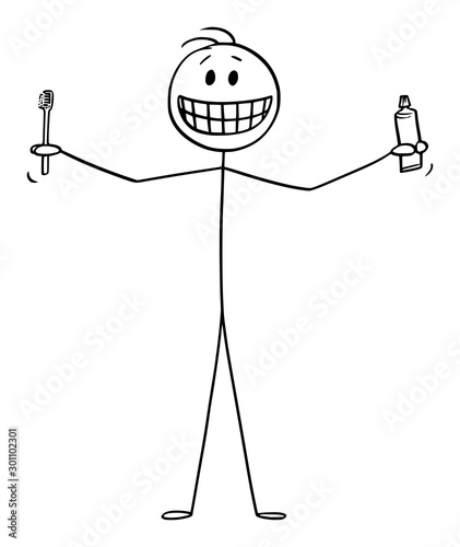 Vector cartoon stick figure drawing conceptual illustration of smiling man showing his teeth, and holding tooth brush or toothbrush and tooth paste or tooth paste in hands.