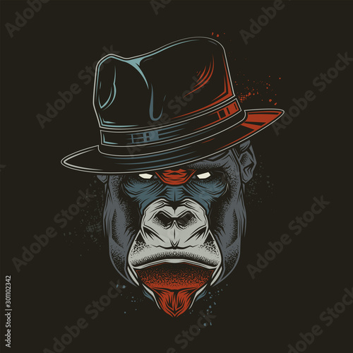 Original vector illustration in a retro style. Evil gorilla head gangster in retro style hat. T-shirt or sticker design