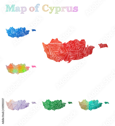 Hand-drawn map of Cyprus. Colorful country shape. Sketchy Cyprus maps collection. Vector illustration.