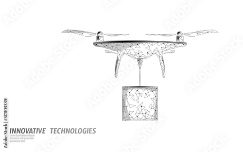 Drone shipping box city low poly banner template. Regulation of unmanned aerial vehicles sky delivery. Law ban aircraft privacy protection. Private zone polygonal vector illustration