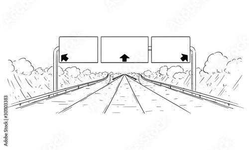 Vector cartoon black and white drawing illustration of forward going highway with branching, arrows and big empty sign.
