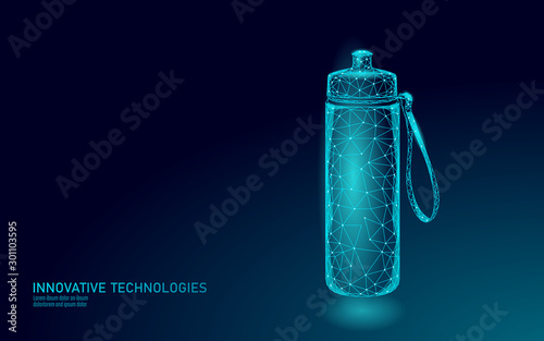 3D water fitness bottle polygonal banner. Aqua liquid package. Plastic isotonic electrolytes drink artesian drinking water. Low poly dark modern design vector illustration