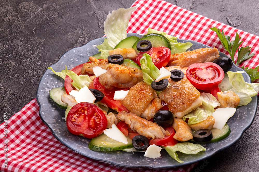 Vegetable and meat salad of mozzarella, cheese, olives, chicken, cucumber, tomatoes. Low carb dietary food. Top view. Vegetable and meat salad of mozzarella, cheese, olives, chicken, cucumber, tomatoes. Low carb dietary food. Top view.
